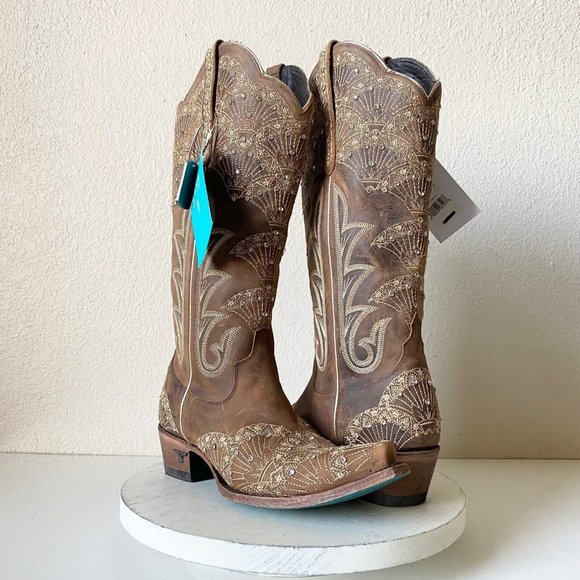 Brown Embroidered Heeled Boots - Picture 1 of 9